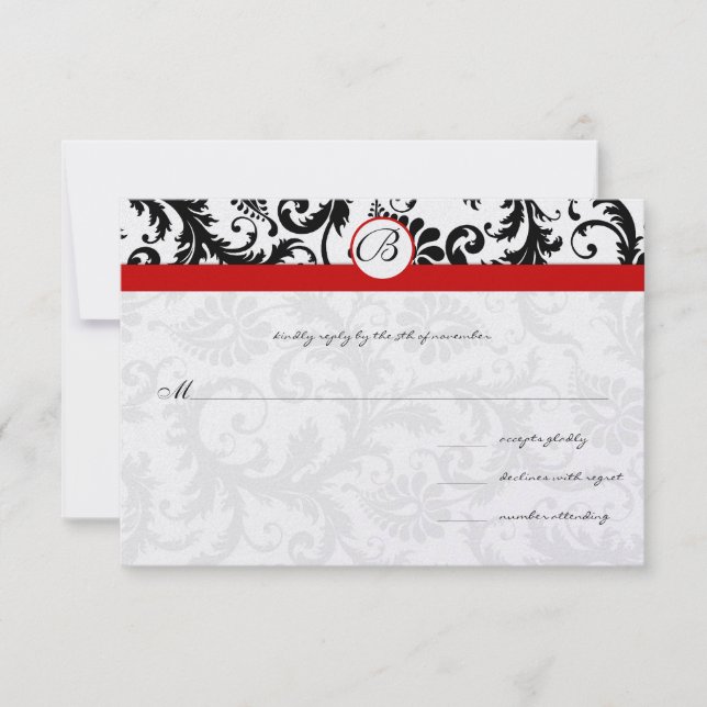 Black Damask Swirls Red Trim Wedding RSVP (Front)