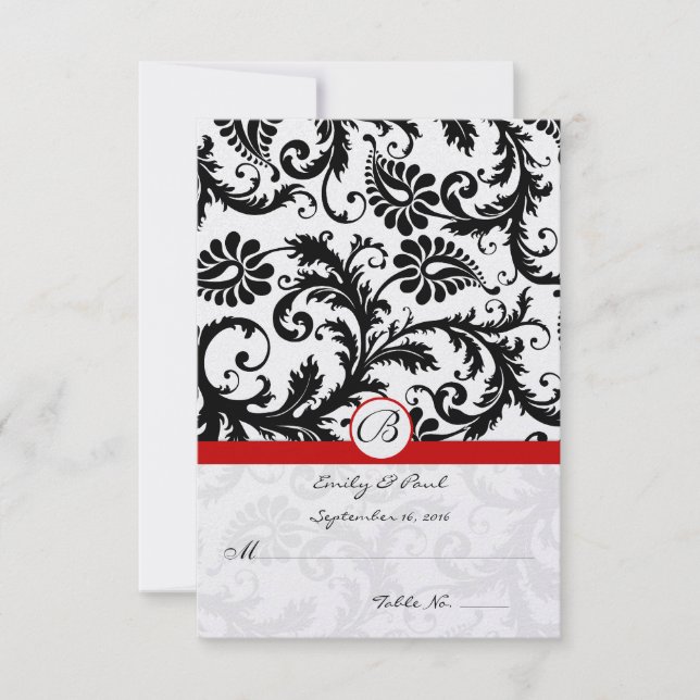 Black Damask Swirls Red Trim Wedding RSVP (Front)