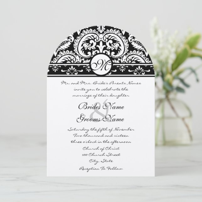 Black Damask Swirls Square Wedding Invitation (Standing Front)