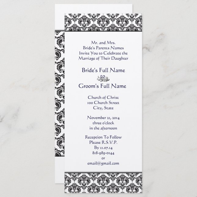Black Damask Swirls Wedding Invitation (Front/Back)