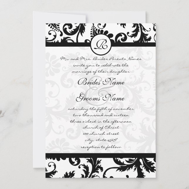 Black Damask Swirls Wedding Invitation (Front)