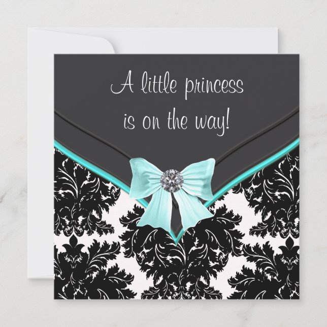 Black Damask Teal Blue Bow Princess Baby Shower Invitation (Front)