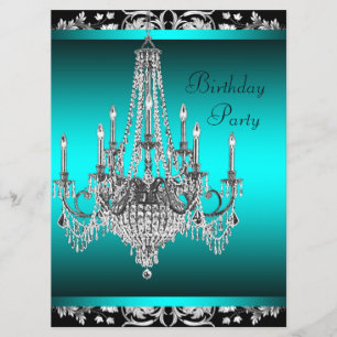 Black Damask Teal Blue Chandelier Birthday Party Invitation