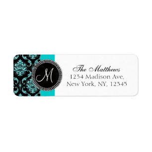 Black Damask Teal Glitter Printed Monogram