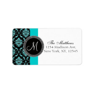 Black Damask Teal Glitter Printed Monogram Label
