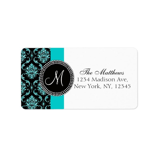 Black Damask Teal Glitter Printed Monogram Label (Front)