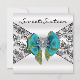 Black Damask Teal Peacock Sweet Sixteen Invitation