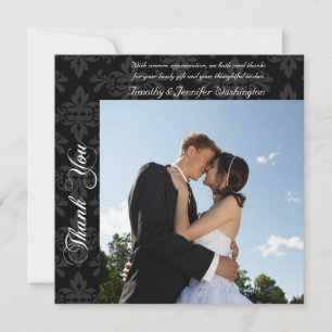 Black damask thank you wedding photo card