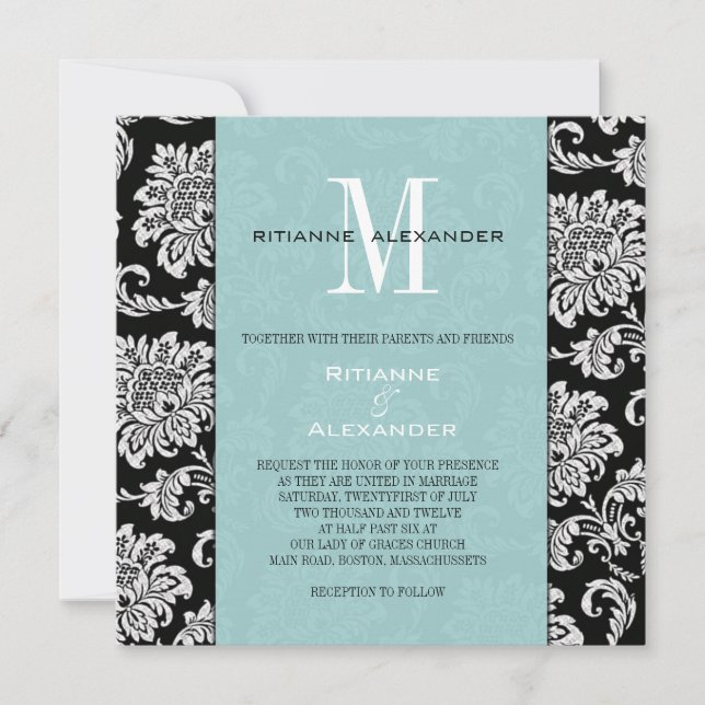 Black Damask Tiffany Monogram Wedding Invitation (Front)