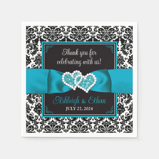 Black Damask, Turquoise Love Hearts Wedding Napkin (Front)