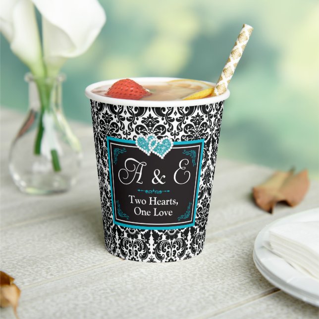 Black Damask, Turquoise Two Hearts, One Love Paper Cups (Insitu)