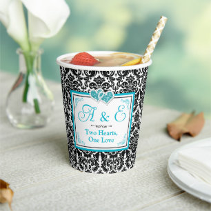 Black Damask, Turquoise Two Hearts, One Love Paper Cups