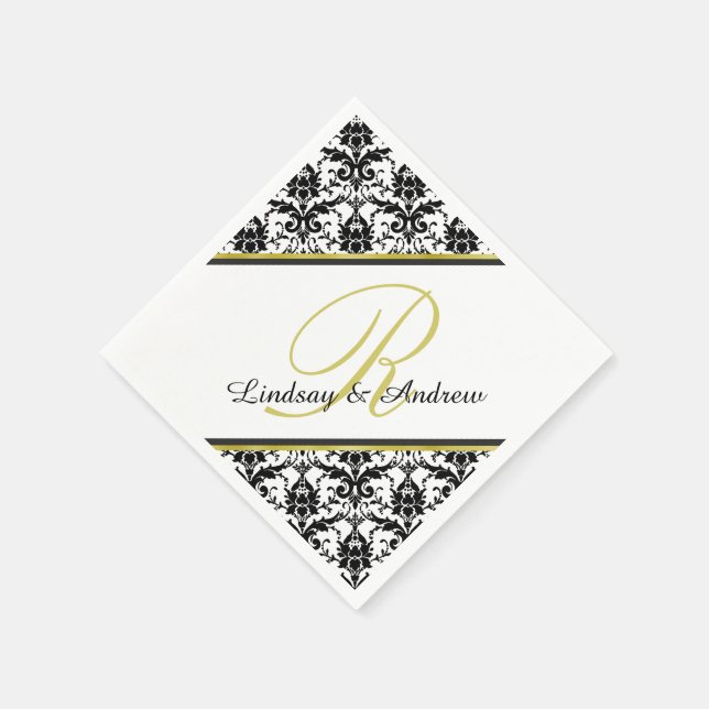 Black Damask White Gold Monogram Wedding Napkin (Corner)