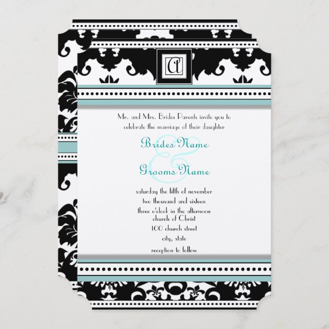 Black Damask with Aqua Trim Wedding Invitation (Front/Back)