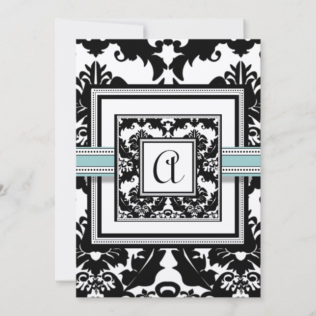 Black Damask with Aqua Trim Wedding Invitation (Front)