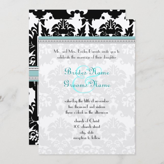 Black Damask with Aqua Trim Wedding Invitation (Front/Back)