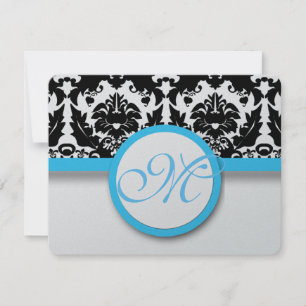 Black Damask With Bright Aqua Blue Trim Wedding RSVP Card