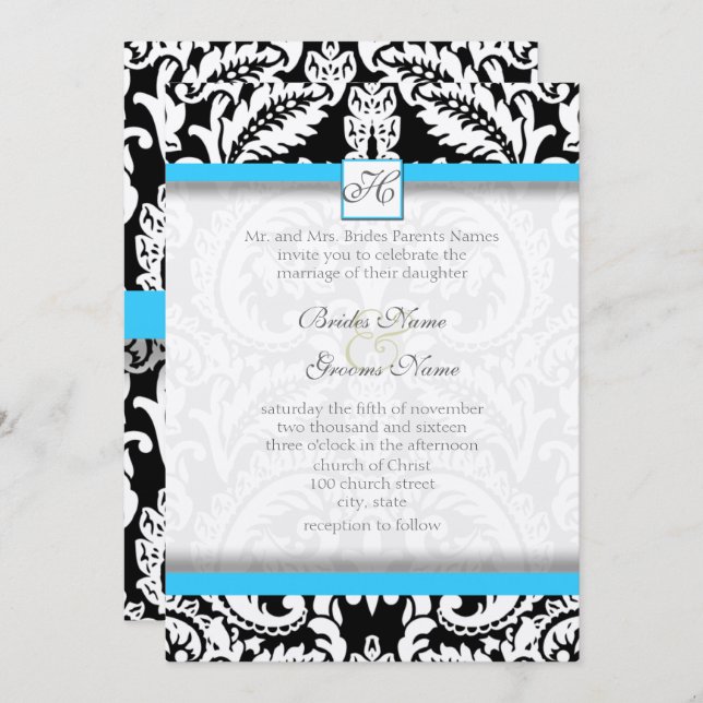 Black Damask with Bright Aqua Wedding Invitations (Front/Back)