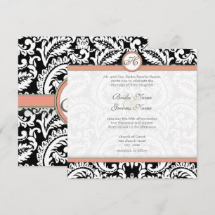 Black Damask with Coral & Grey Wedding Invitations