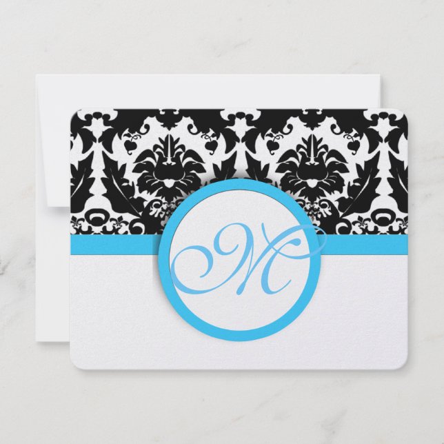 Black Damask  With Light Bright Aqua Blue Wedding RSVP Card (Front)