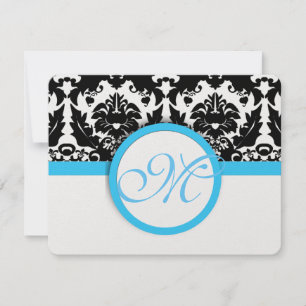 Black Damask  With Light Bright Aqua Blue Wedding RSVP Card