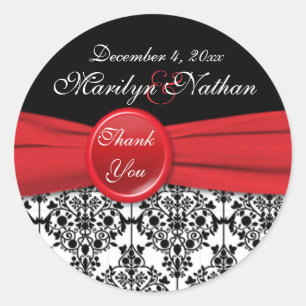 Black Damask with Poppy Red 3" Round Sticker