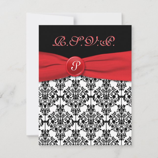 Black Damask with Poppy Red RSVP Card (Front)