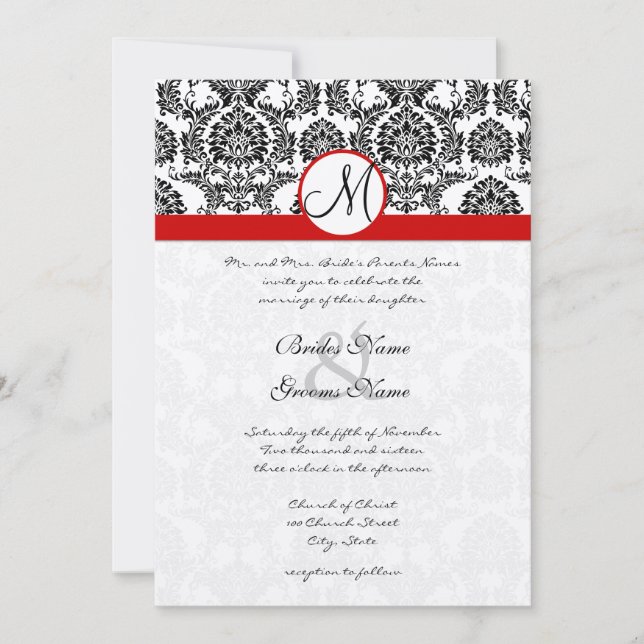 Black Damask with Red Trim Wedding Invitation (Front)