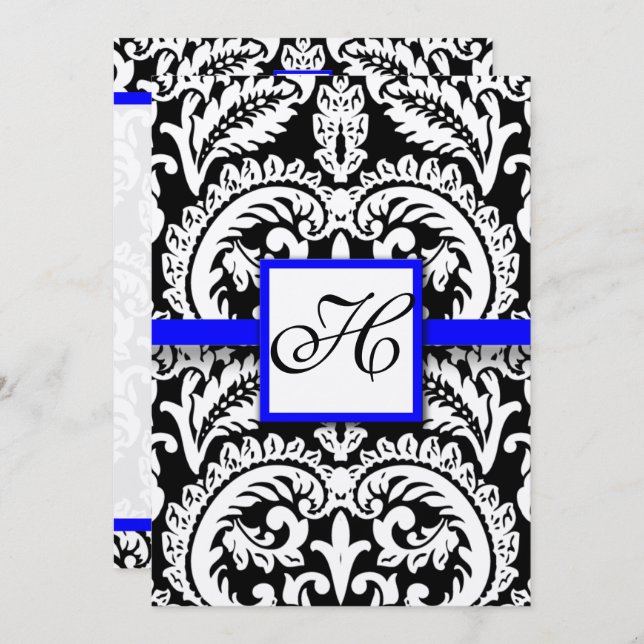 Black Damask with Royal Blue  Wedding Invitations (Front/Back)