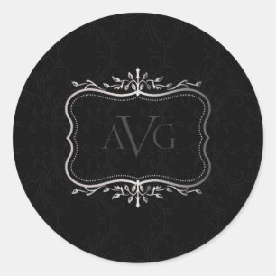 Black Damask with silver frame Classic Round Sticker