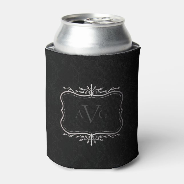 Black Damask with silver frame monogram Can Cooler (Can Front)