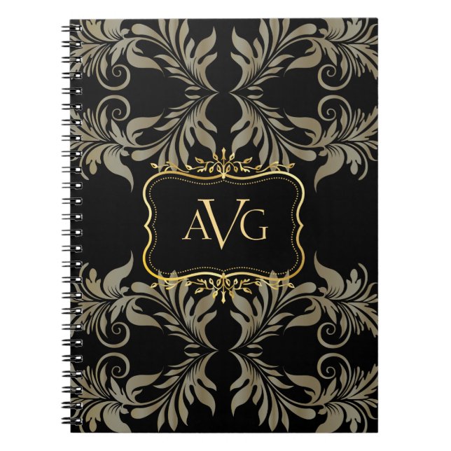 Black Damask with vintage gold frame design Notebook (Front)