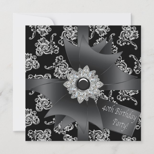 Black Damask Womans 40th Birthday Party Invitation (Front)