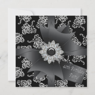 Black Damask Womans 40th Birthday Party Invitation