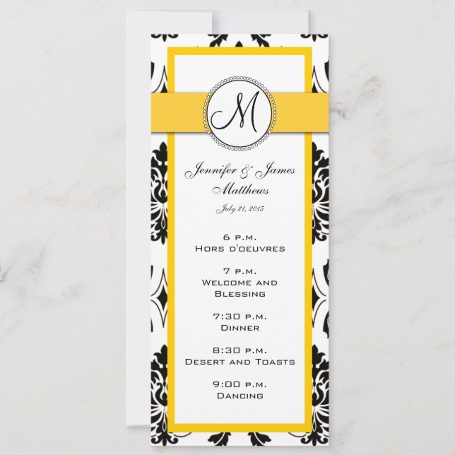 Black Damask Yellow Wedding Menu Cards (Front)