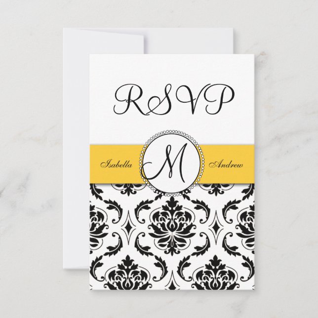 Black Damask Yellow Wedding RSVP Card (Front)