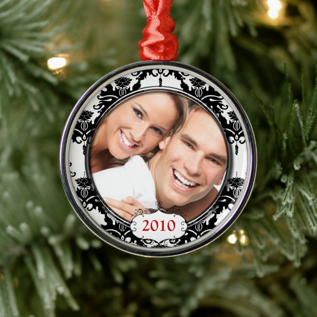 Black Damask Your Photo Christmas Ornament (Tree)