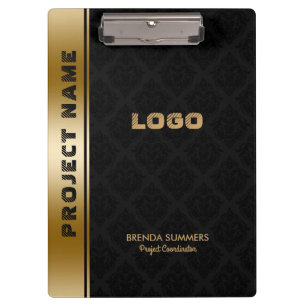 Black Damasks Pattern Gold Stripe Accent Clipboard