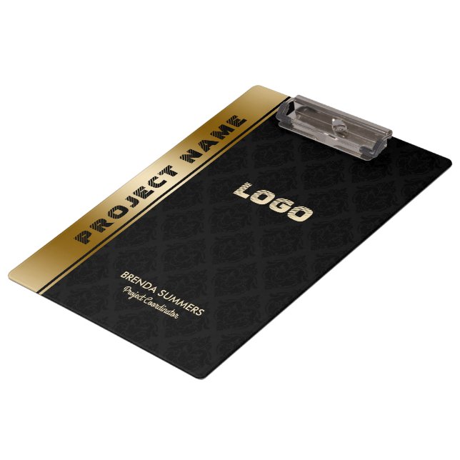 Black Damasks Pattern Gold Stripe Accent Clipboard (Angled)