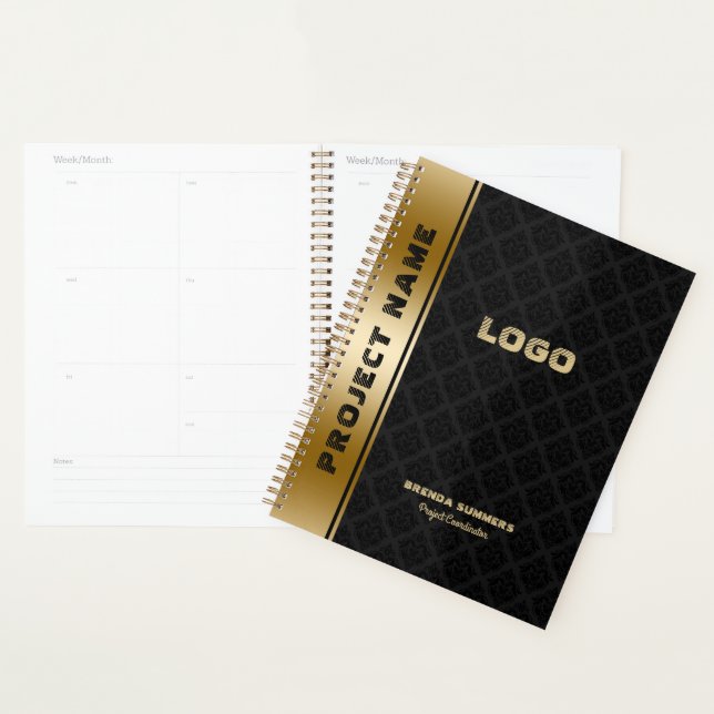 Black Damasks Pattern Gold Stripe Accent Notebook Planner (Display)