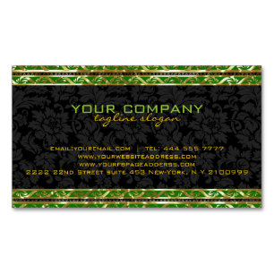 Black Damasks With Green And Gold Retro Border Magnetic Business Card