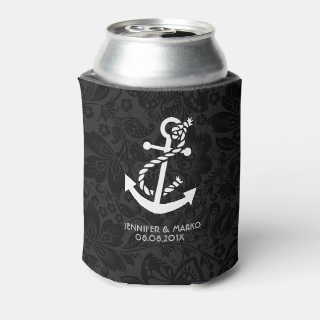 Black Damasks With Nautical Boat Anchor Can Cooler (Can Back)