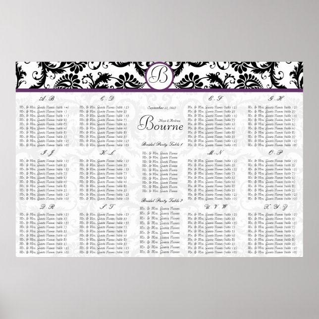 Black Damsk Purple Trim Wedding Seating Chart (Front)