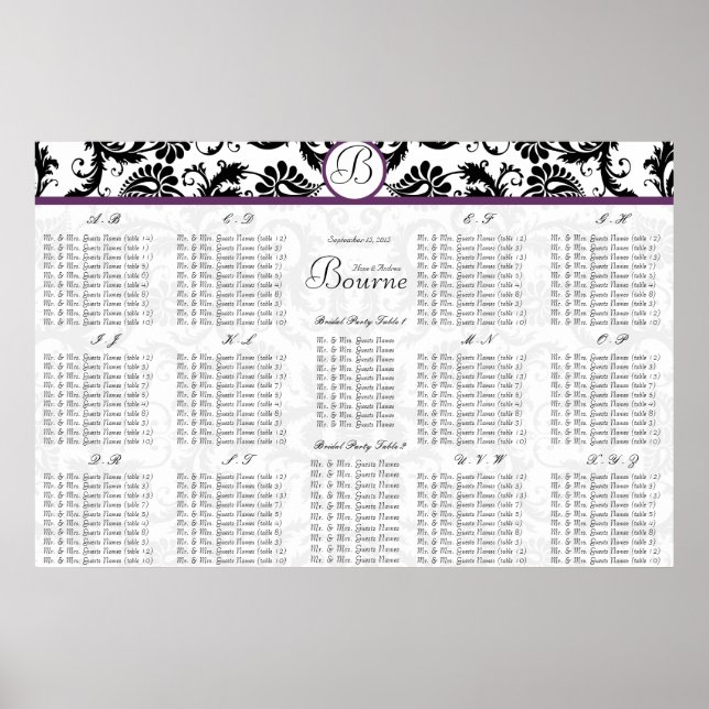 Black Damsk Purple Trim Wedding Seating Chart (Front)
