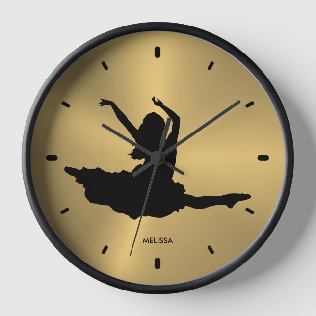 Black Dancer Silhouette  Metallic Gold Background Clock (Front)