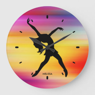 Black Dancer Silhouette On Abstract Background Large Clock