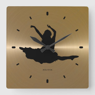 Black Dancer Silhouette On Gold Stainless Steel Square Wall Clock