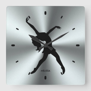 Black Dancer Silhouette On Stainless Steel Print Square Wall Clock