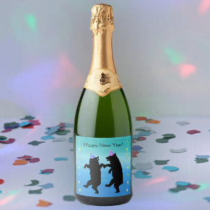 Black Dancing Party Bears Hats Bright Stars Blues Sparkling Wine Label