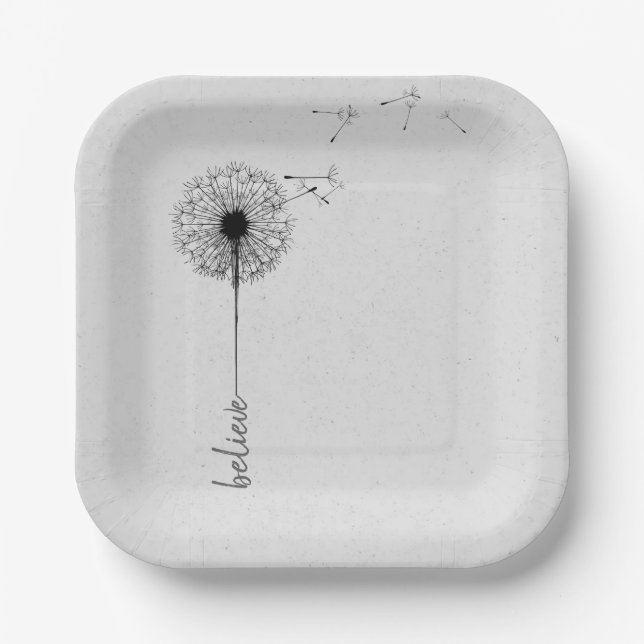 Black Dandelion Believe Inspiration Paper Plate (Front)
